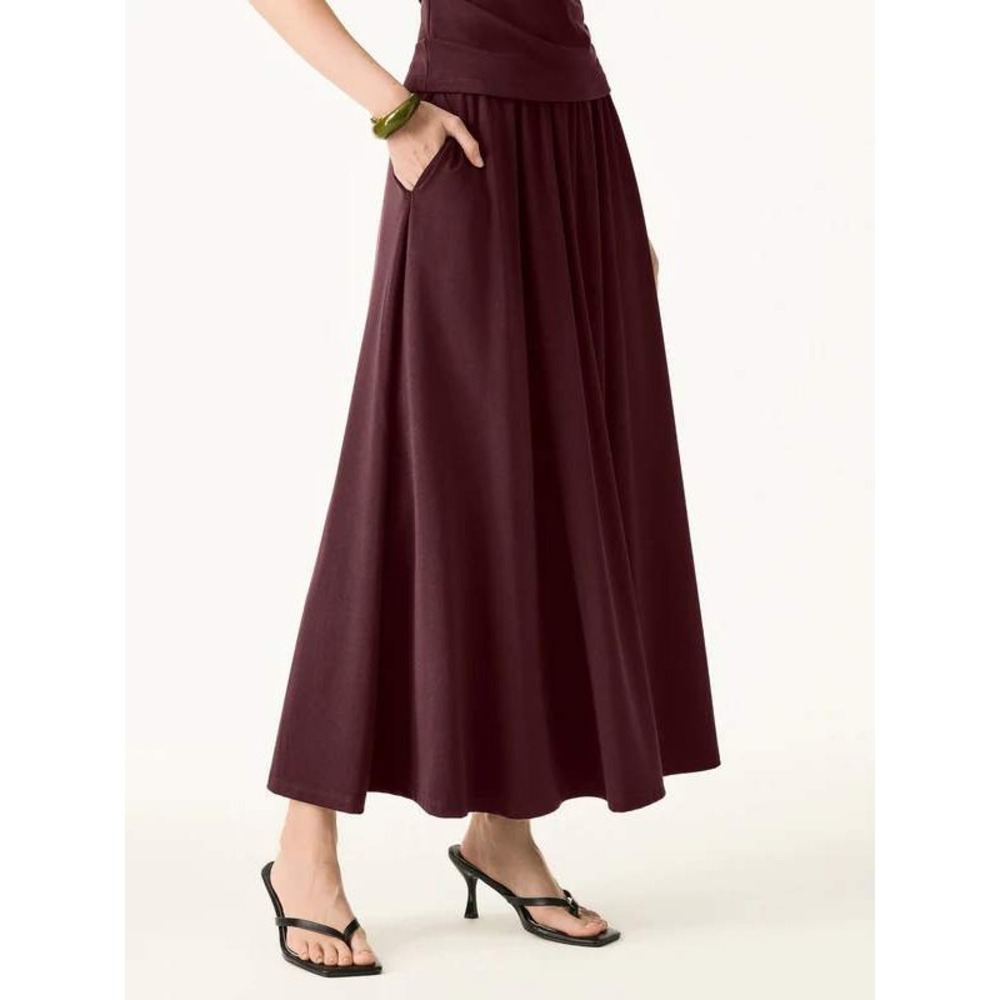 OGL Light Cotton Rib‎ Stretch Cotton Maxi Umbrella Skirt with Pockets Red Large